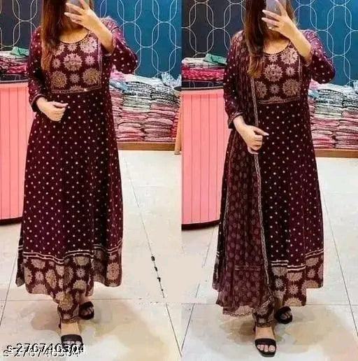 Anarkali Dupatta Set" Women's Printed "Anarkali Kurti" & Pant Dupatta Set 
Name: Anarkali Dupatta Set" Women's Printed "Anarkali Kurti" & Pant Dupatta Set 
Fabric: Rayon
Sleeve Length: Three-Quarter Sleeves
Pattern: Printed
Combo of: Single
Sizes:
S (Bust